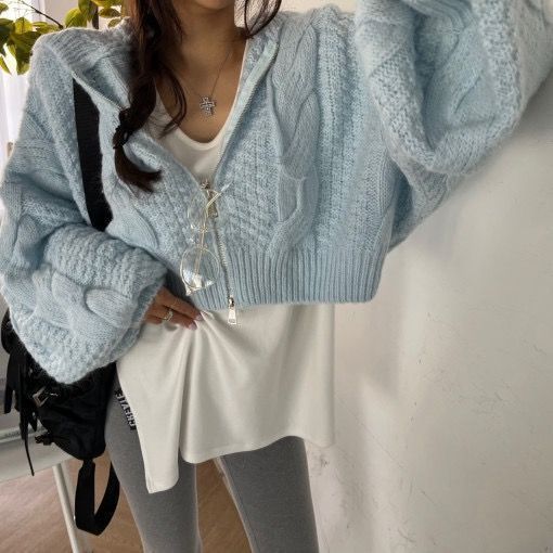 Damen Kurzer Strickpullover mit Zopfmuster und Kapuze EB