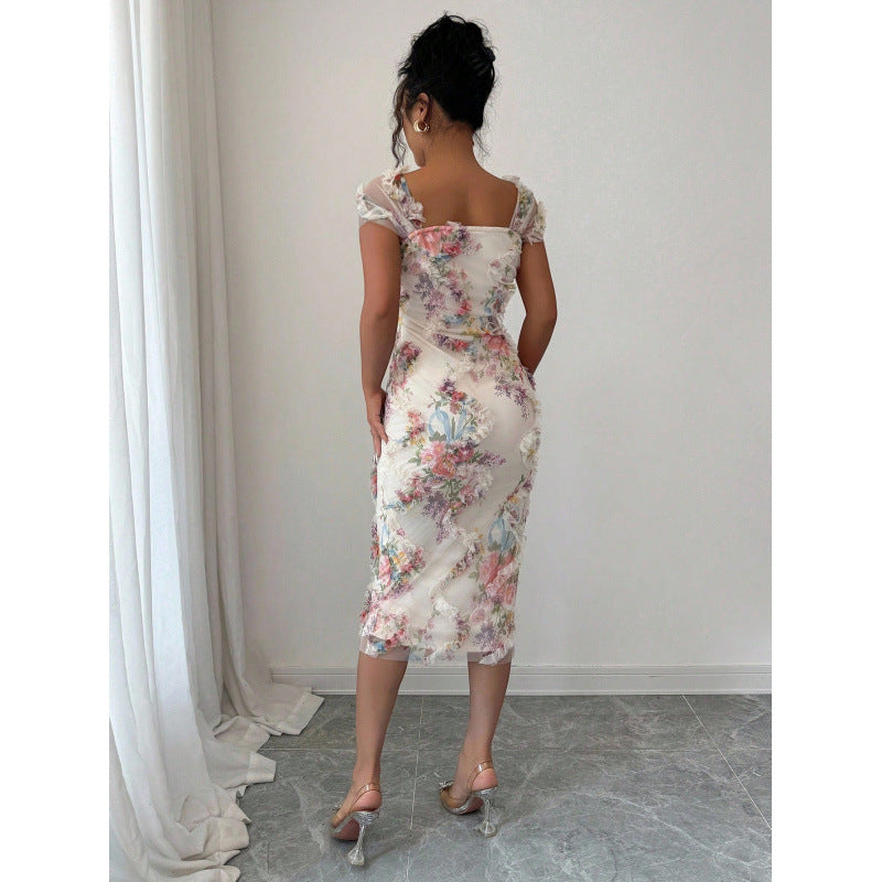 Damen Midikleid mit floralem Muster und zarter Rüschendetails EB