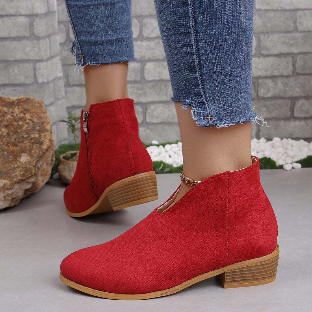 Damen nan V‑Ausschnitt Ankleboots aus Veloursoptik mit seitlichem Reißverschluss und niedriger Holzblocksohle EB