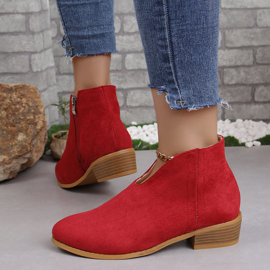 Damen nan V‑Ausschnitt Ankleboots aus Veloursoptik mit seitlichem Reißverschluss und niedriger Holzblocksohle EB
