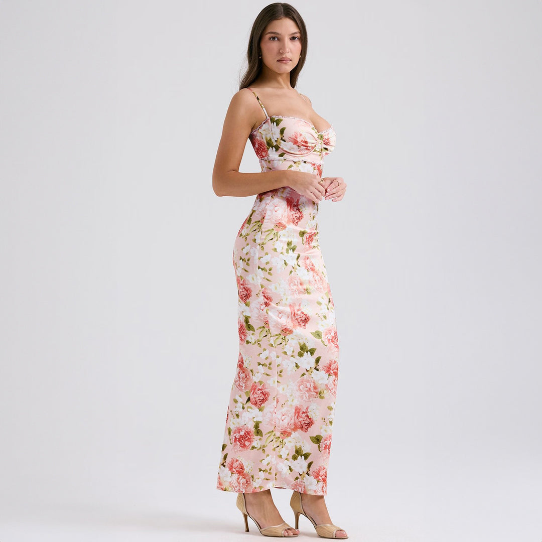 Damen Elegantes figurbetontes Maxikleid mit floralem Design EB