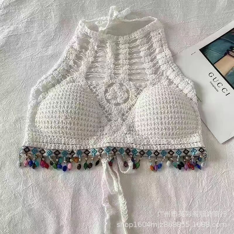 Damen gehäkeltes Bikinioberteil mit bunten Quasten EB