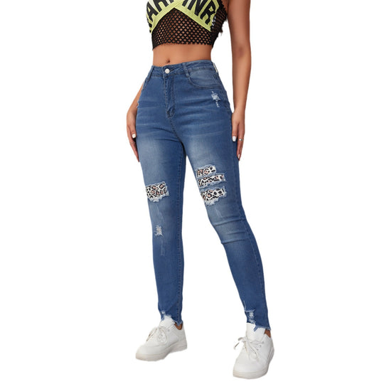 Damen Skinny Jeans mit animalischen Applikationen und Distressed-Effekten EB