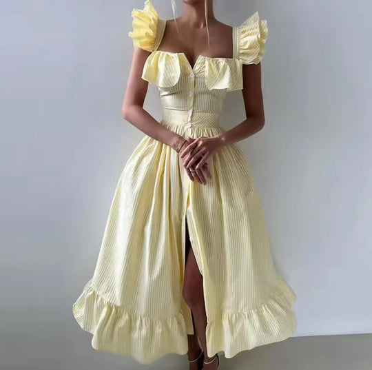 Damen Maxikleid mit voluminösem Rüschen-Design und Knopfverschluss EB