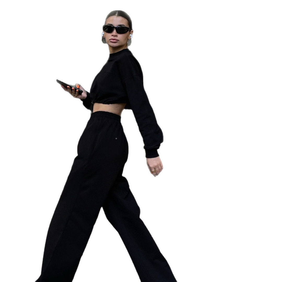 Damen Cropped Loungewear-Set mit gerafftem Tunnelzug und weiter High-Waist-Hose EB