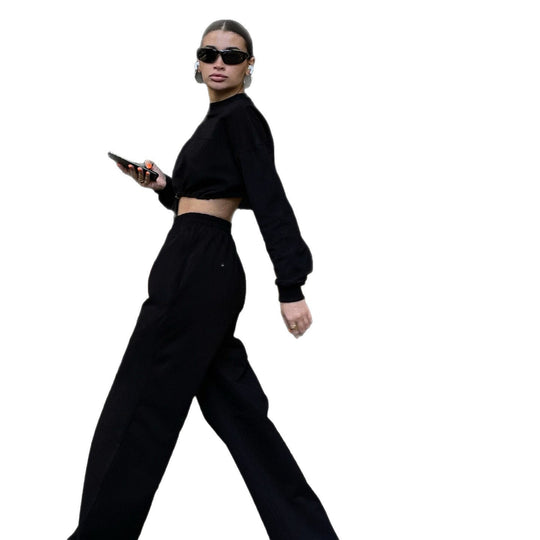 Damen Cropped Loungewear-Set mit gerafftem Tunnelzug und weiter High-Waist-Hose EB
