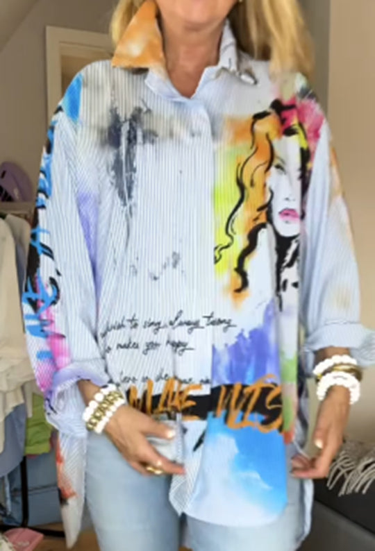 Damen nan weit geschnittene Hemdbluse mit künstlerischem Graffiti-Print, feiner Nadelstreifenstruktur und verlängertem Saum EB