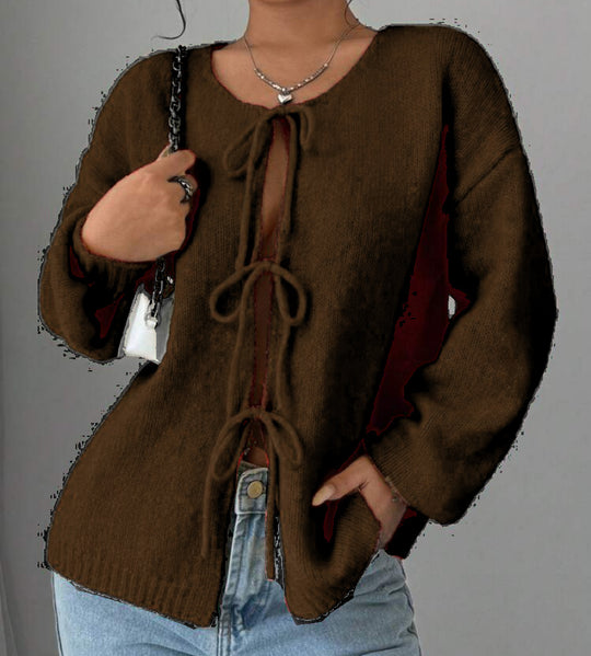 Damen Oversized Strickpullover mit dekorativem Schnürdetail EB