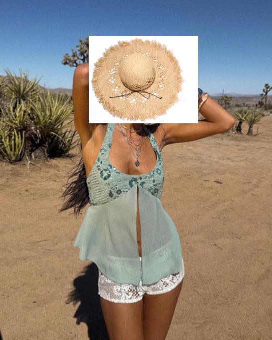 Damen Luftig-fließendes Strandtop mit Rüschendetails und transparenter Blende EB