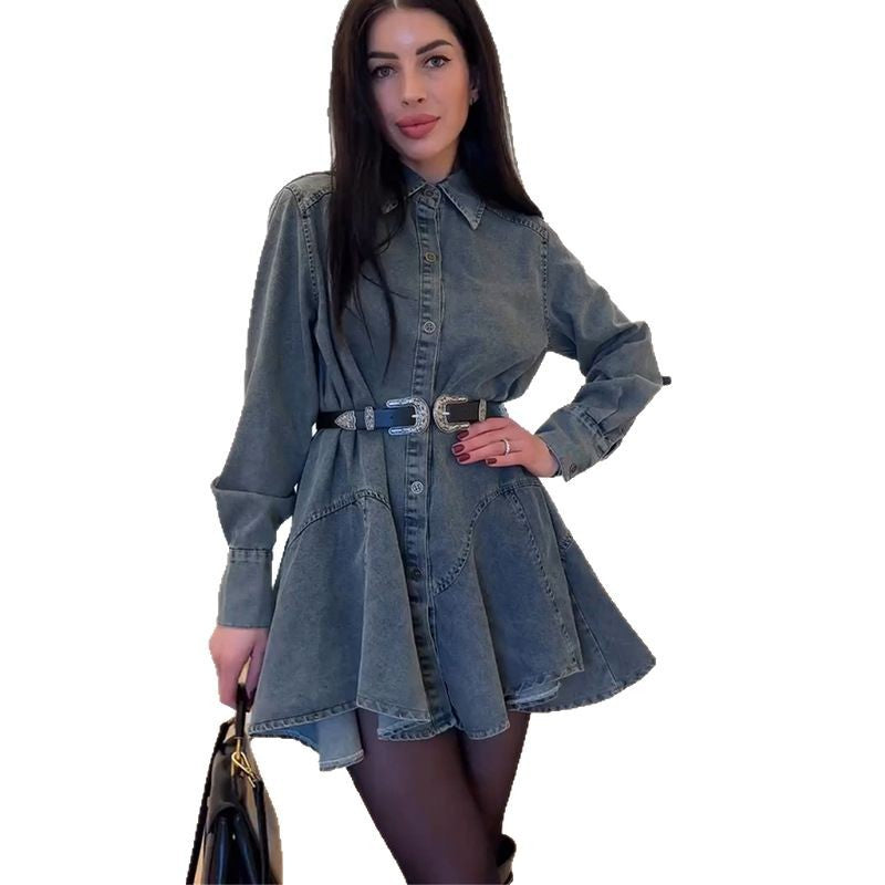 Damen Denim Knopfkleid mit tailliertem Schnitt und Gürtel EB