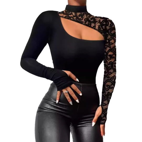 Damen Elegantes Oberteil mit transparenten Spitzenärmeln und asymmetrischem Ausschnitt EB