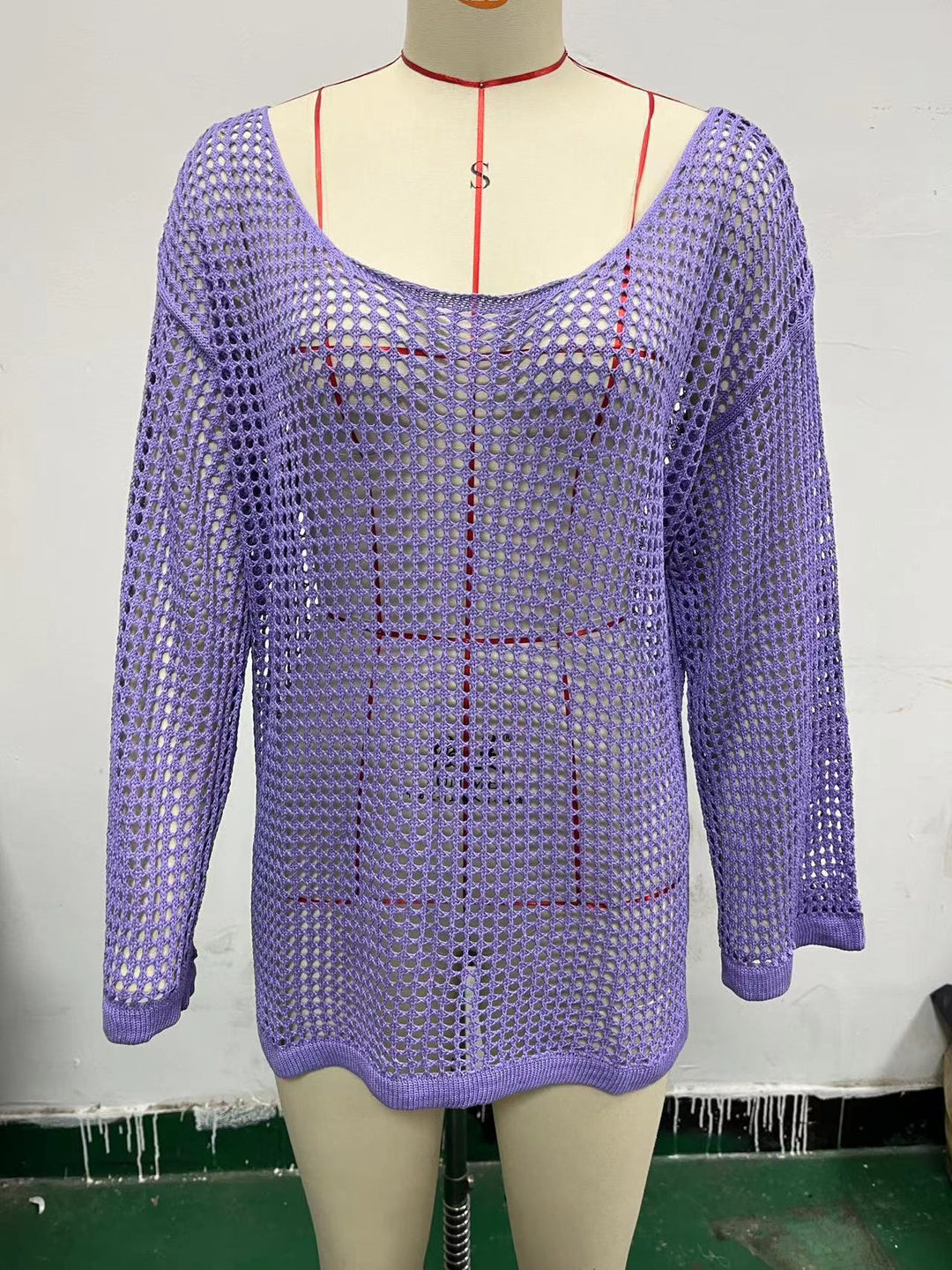 Damen lässiger Netzpullover mit weitem Schnitt und U-Boot-Ausschnitt EB