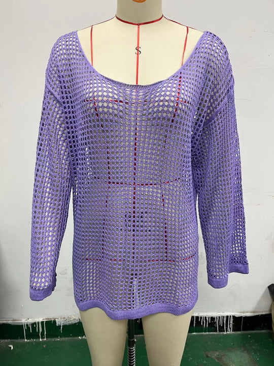 Damen lässiger Netzpullover mit weitem Schnitt und U-Boot-Ausschnitt EB