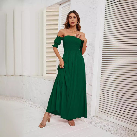 Damen Maxikleid mit schulterfreiem Schnitt und romantischen Puffärmeln EB