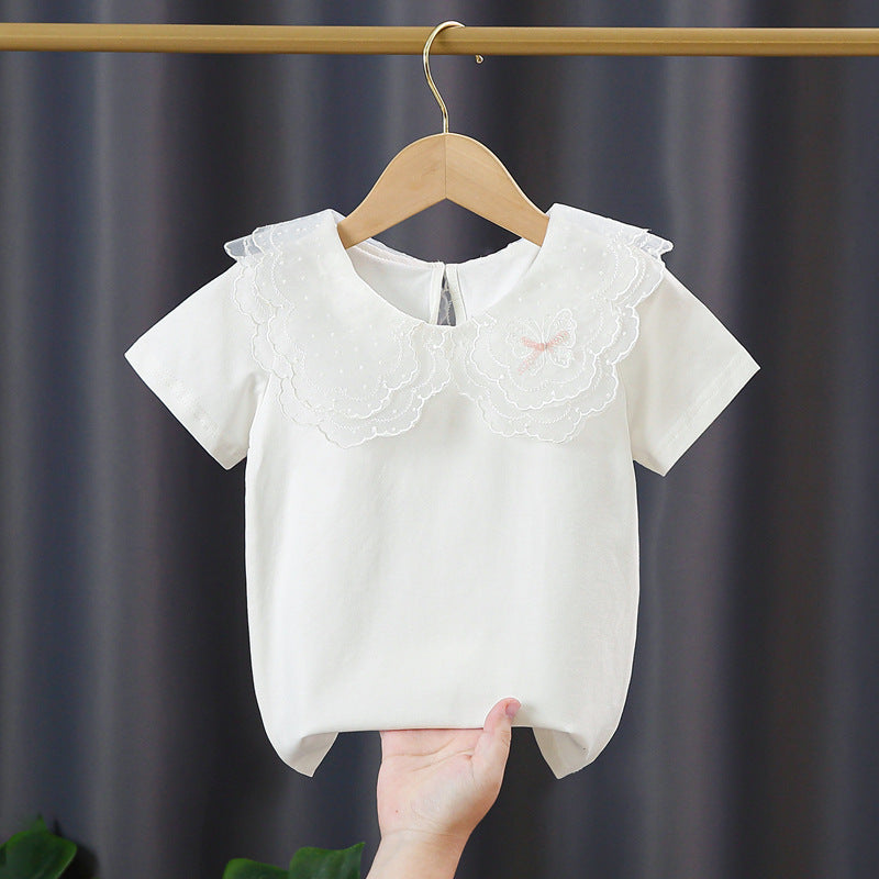Mädchen T-Shirt mit elegantem Spitzeneinsatz und großem Kragen EB