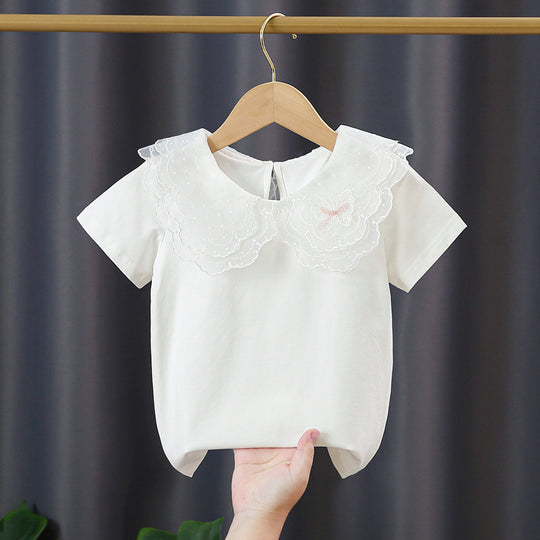 Mädchen T-Shirt mit elegantem Spitzeneinsatz und großem Kragen EB