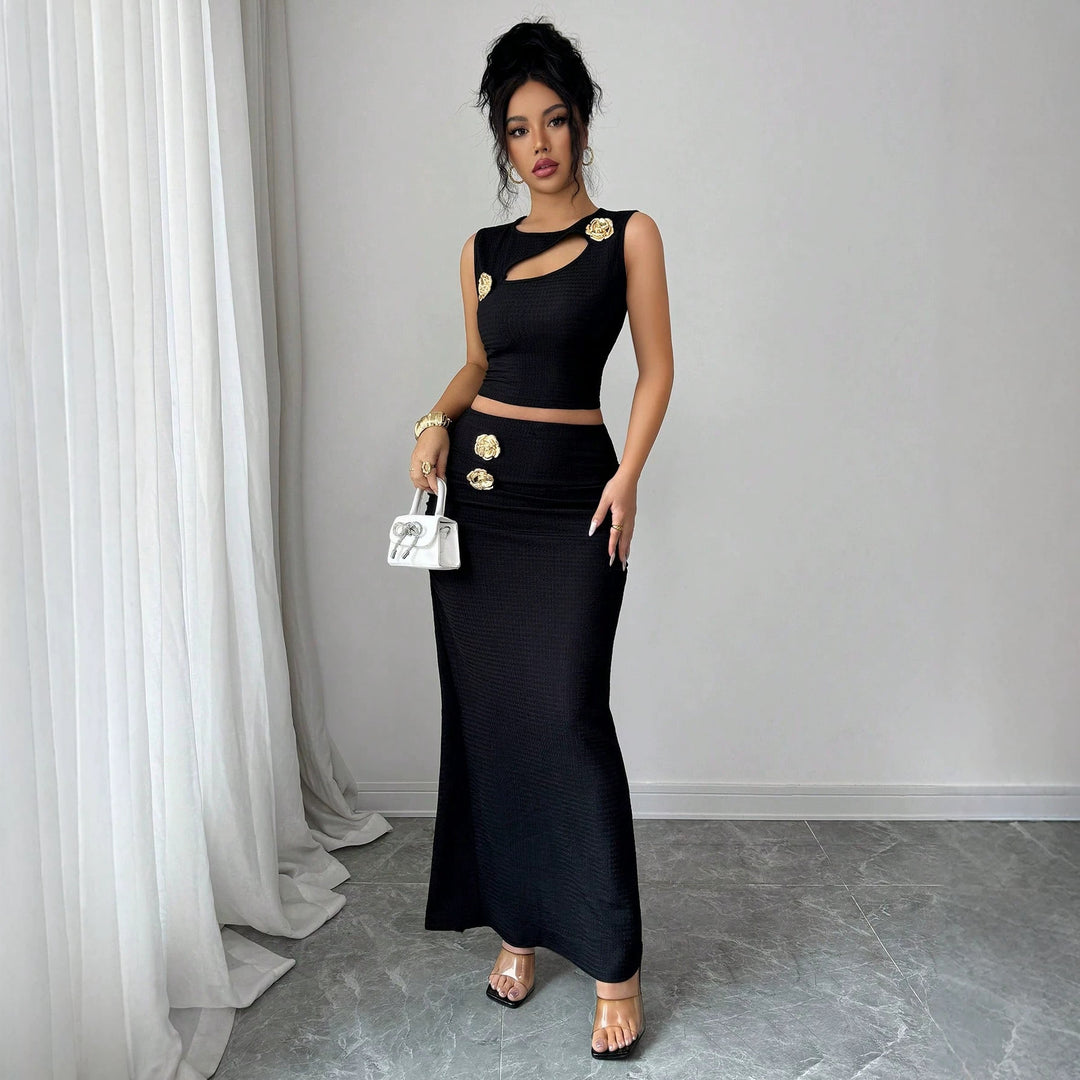 Damen nan zweiteiliges tailliertes Set mit asymmetrischem Cut-Out Crop-Top und figurbetontem Maxi-Bleistiftrock EB