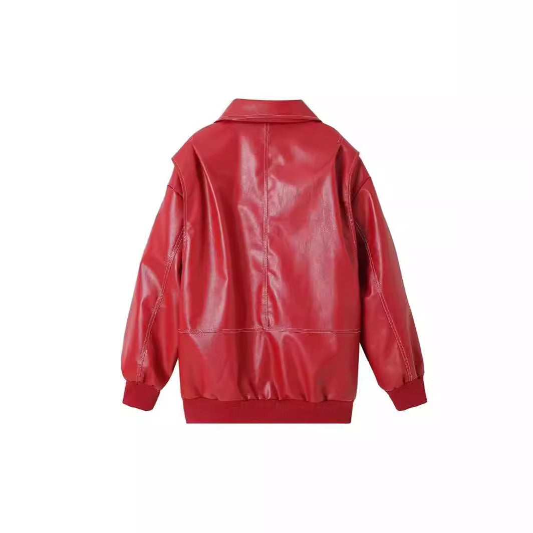 Damen stylische Kunstlederjacke mit voluminösen Ärmeln und praktischen Zipper-Taschen EB