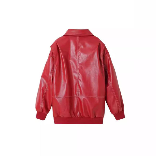 Damen stylische Kunstlederjacke mit voluminösen Ärmeln und praktischen Zipper-Taschen EB