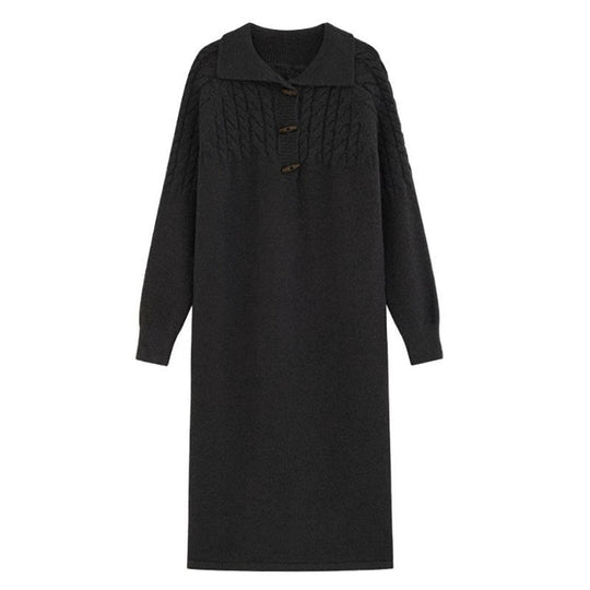 Damen Strickkleid mit Kragen und Knopfdetails EB