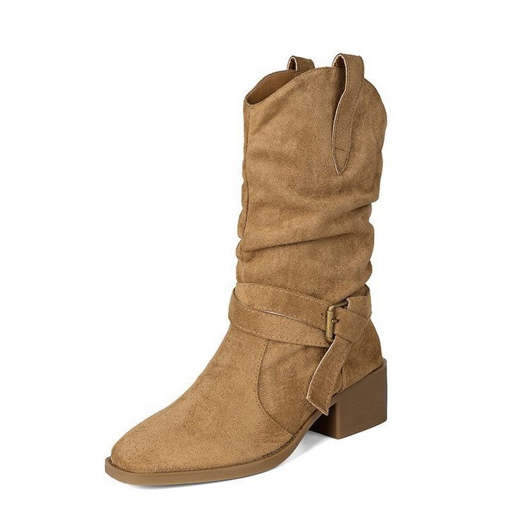 Damen Stiefeletten im Western-Stil mit modischem Riemen und Blockabsatz EB