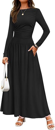 Damen Langärmliges Maxikleid mit eleganten Rüschendetails und praktischen Taschen EB