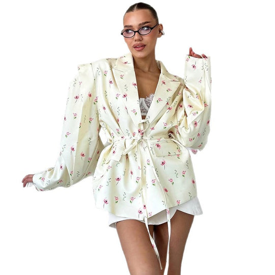 Damen Elegante Blazerjacke mit floralem Design und Taillengürtel EB