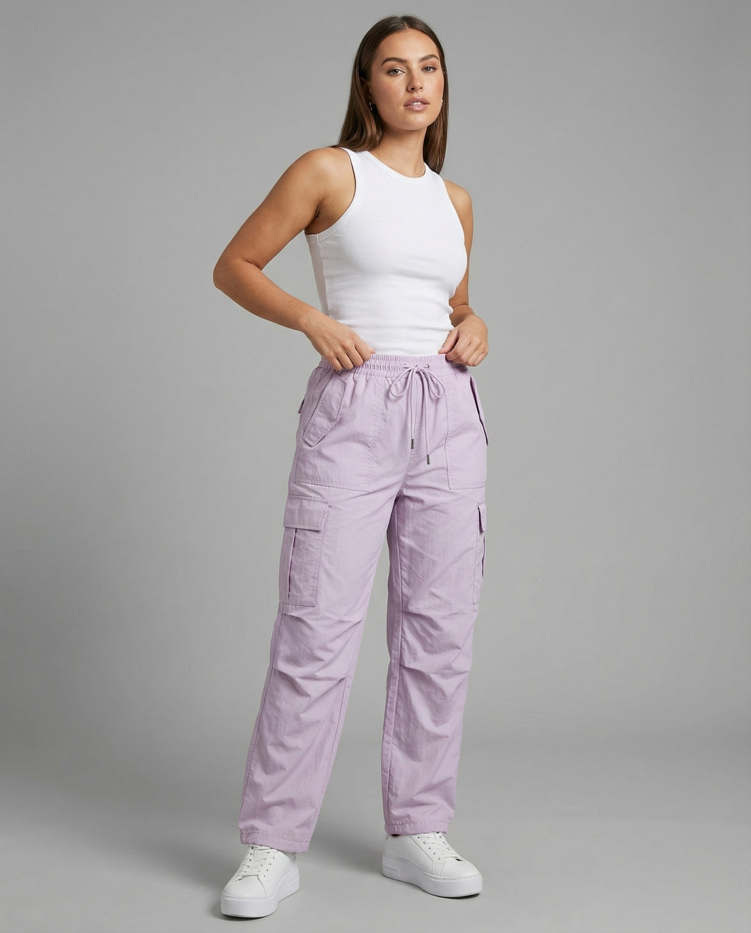 Damen nan ultraleichte Freizeit-Hose mit hohem Elastikbund, Kordelzug und verstellbarem Beinabschluss EB