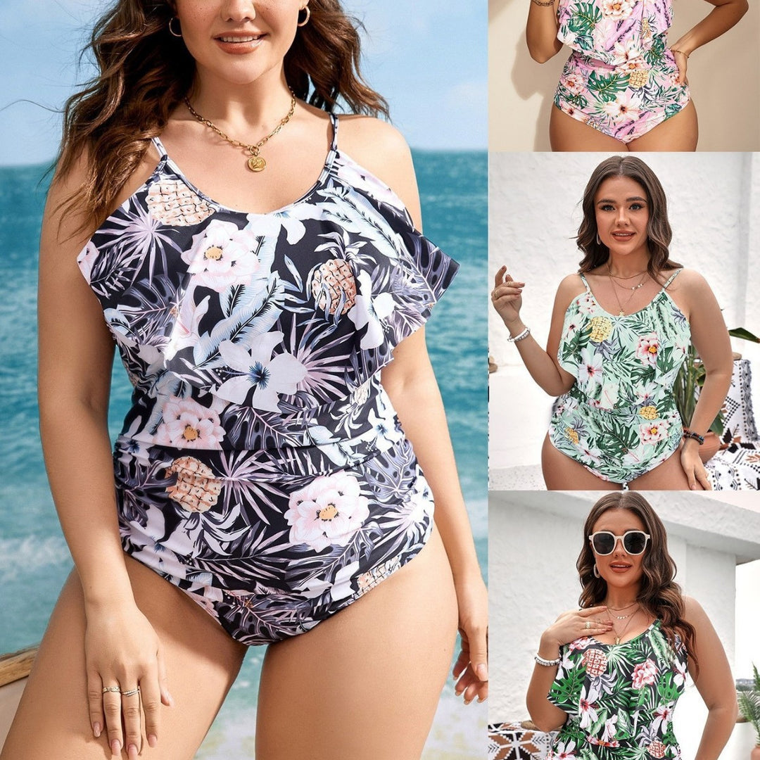 Damen Einteiler Badeanzug mit raffinierten Rüschendetails und floralem Design EB
