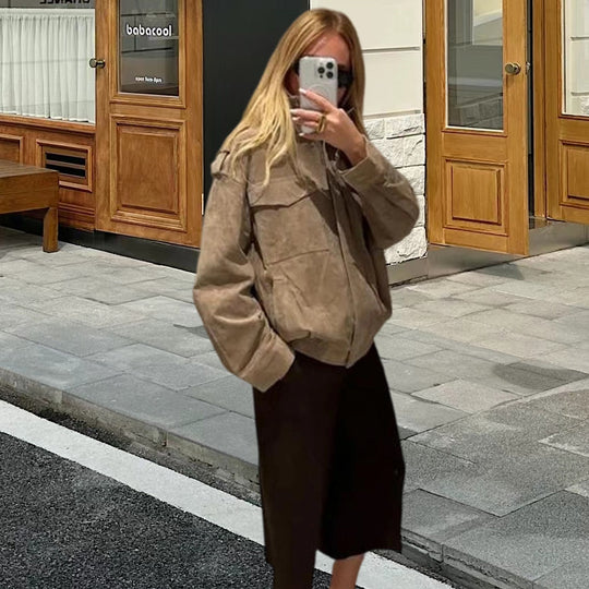 Damen Modische Oversized-Wildlederjacke mit praktischen Taschen und hohem Kragen EB