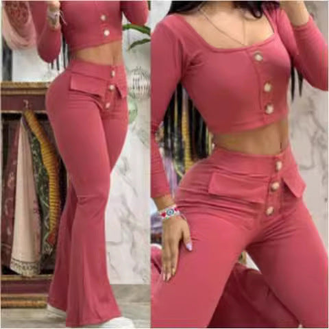 Damen modisches cropped Oberteil mit Flared-Hose und Knopfdetails EB