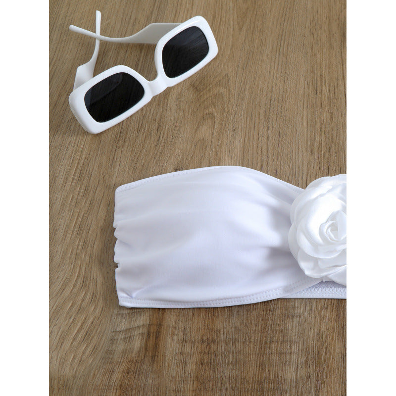 Damen Bandeau-Bikini mit floralem Detail und hochgeschnittenem Höschen EB