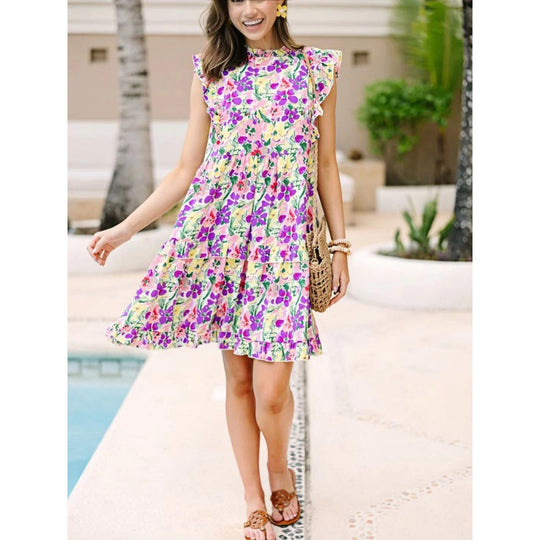 Damen Rüschenshirt Floral Midi Kleid EB