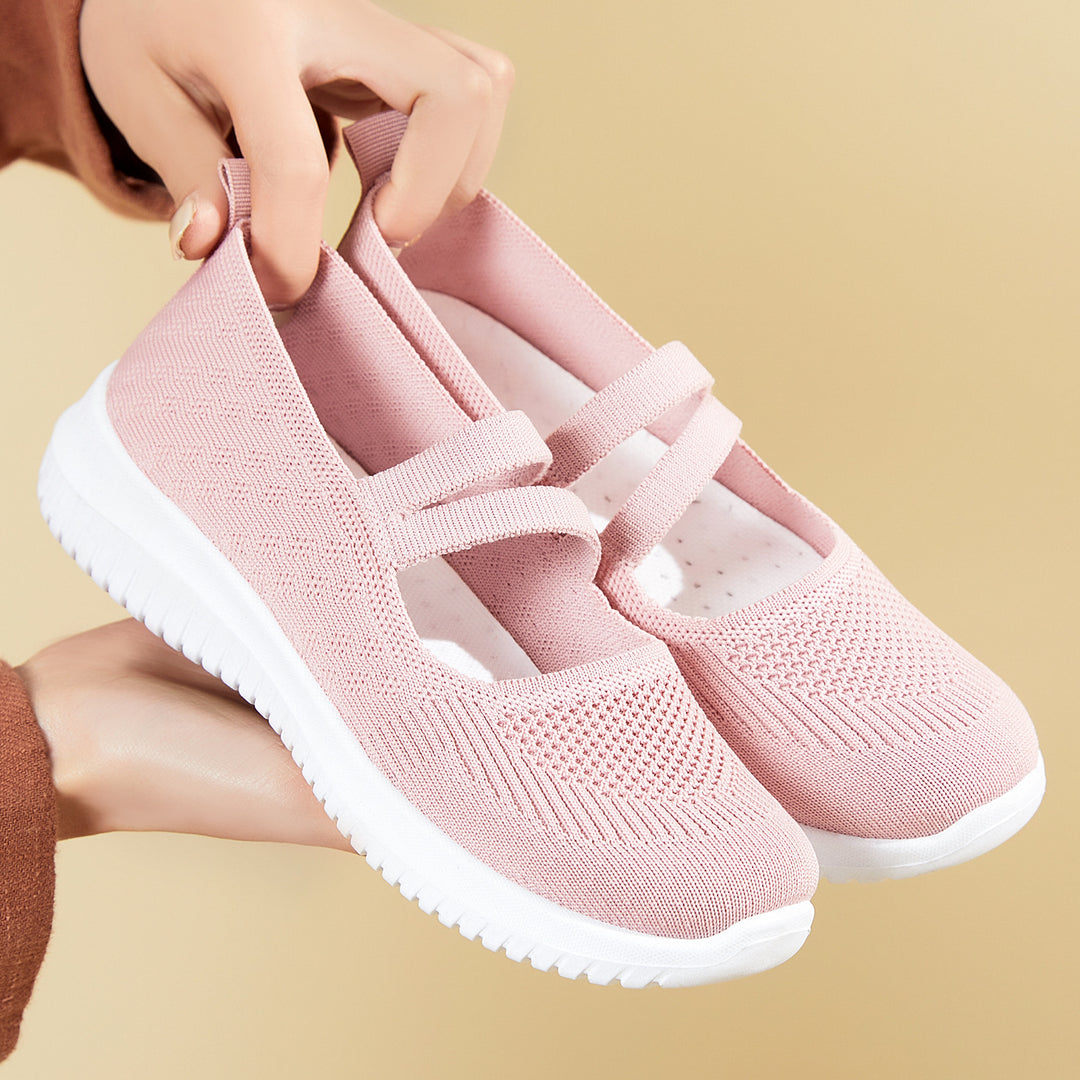 Damen nan gestrickter Slip-On Mary-Jane-Sneaker mit elastischen Riemen, gepolstertem Komfortfußbett und flexibler EVA-Laufsohle EB