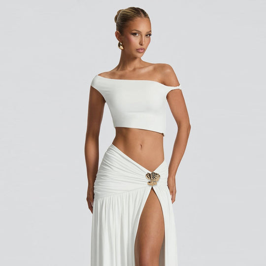 Damen Elegantes Crop Top und Hochgeschnittener Maxi-Rock Set EB