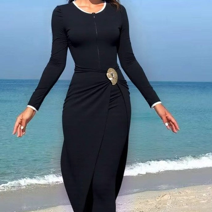 Damen modisches Wickelkleid mit elegantem Gürtel EB