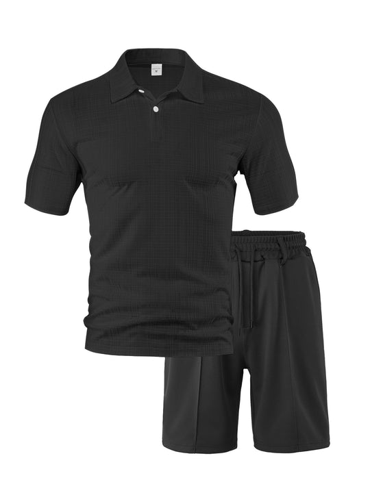 Herren nan zweiteiliges Sommer-Reise-Set mit texturiertem Kurzarm-Poloshirt und funktionalen Mesh-Shorts EB