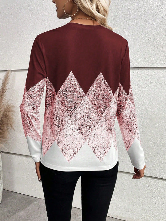 Damen modisches Langarmshirt mit grafischem Muster EB