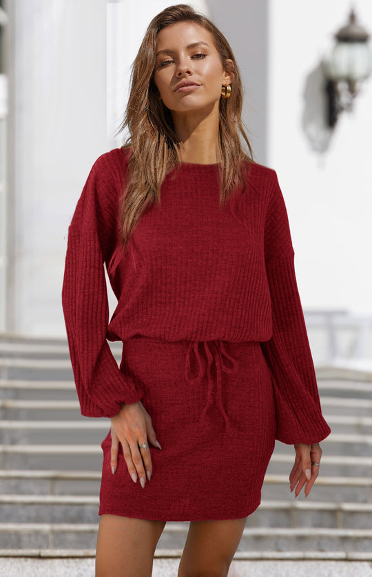 Damen Strickkleid mit elastischem Taillenbund und lässigen Puffärmeln EB