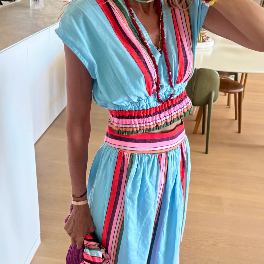 Damen Strandmaxi-Kleid mit elastischem Taillenbund und buntem Streifenmuster EB
