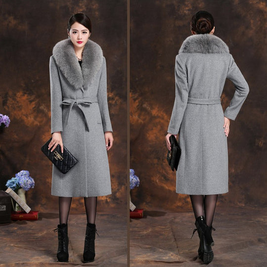 Damen elegante Wollmantel mit abnehmbarem Pelzkragen EB