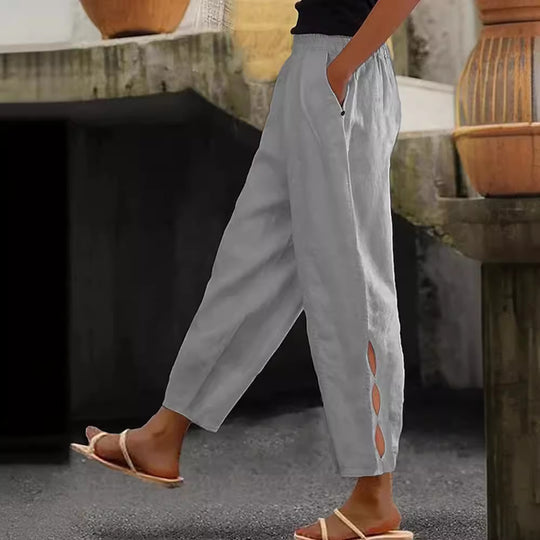 Damen Leichte Leinenhose mit seitlichen Schlitzen und elastischem Bund EB