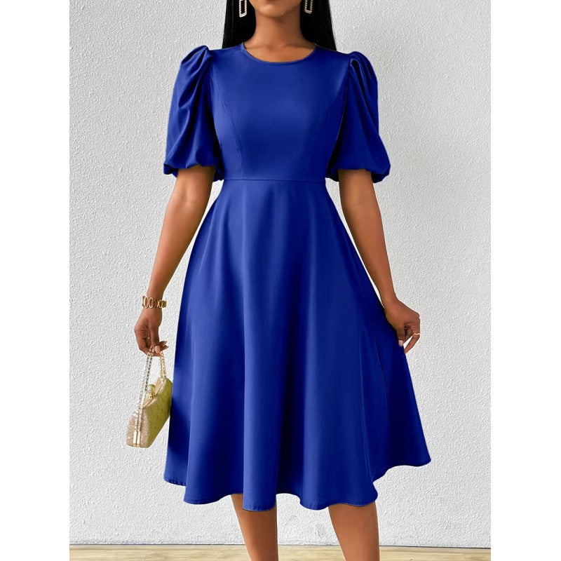 Damen Midi-Kleid mit Puffärmeln und schwingendem Saum EB