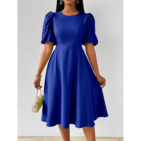 Damen Midi-Kleid mit Puffärmeln und schwingendem Saum EB