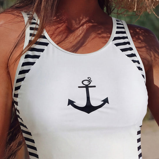 Damen Sportshirt mit hoher Taille und maritimem Design EB