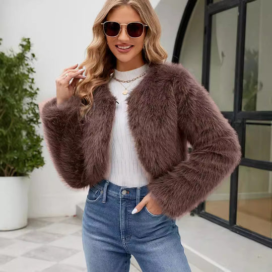 Damen Elegante und kuschelige Kurzjacke mit Kunstfell EB