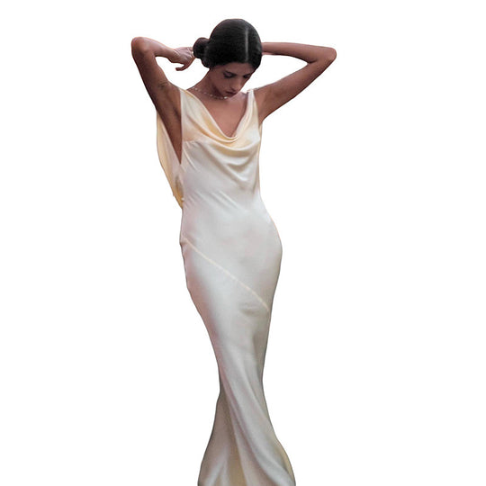 Damen Elegantes Satin-Maxikleid mit asymmetrischem Oberteil und fließendem Schnitt EB