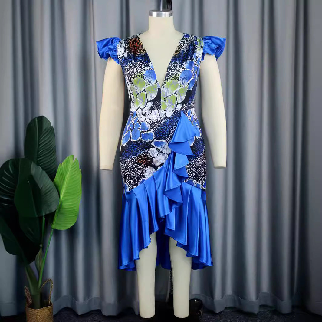 Damen Festliches Kleid mit voluminösem Rüschensaum und tiefem V-Ausschnitt EB