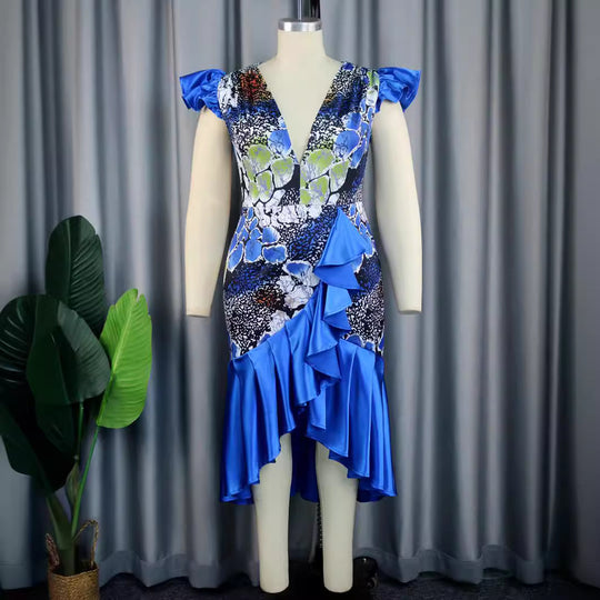Damen Festliches Kleid mit voluminösem Rüschensaum und tiefem V-Ausschnitt EB
