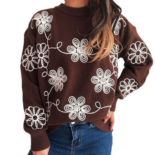 Damen kuscheliger Strickpullover mit floralen Applikationen und Rundhalsausschnitt EB
